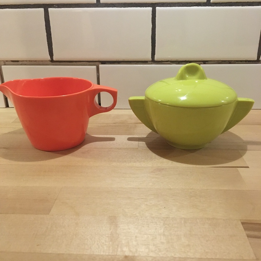 Retro Melamine Cream & Sugar Bowl, Coral &. Chartreuse